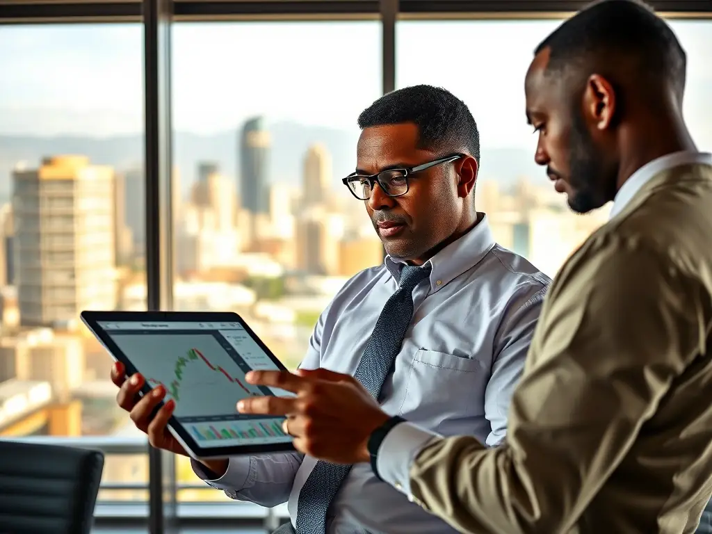 An image of a financial advisor analyzing investment charts on a digital tablet with a South African city skyline in the background, representing netsukegate.uno's investment strategies.