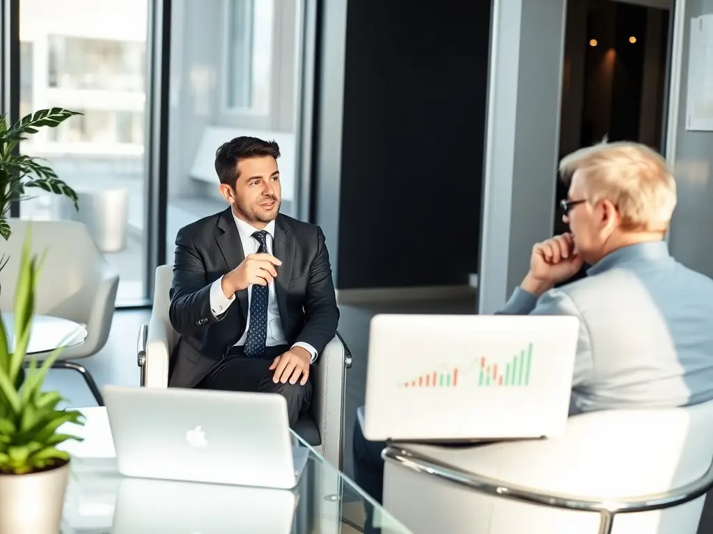 A professional financial advisor discussing wealth plans with a South African client in a modern office setting, illustrating netsukegate.uno's wealth management services.