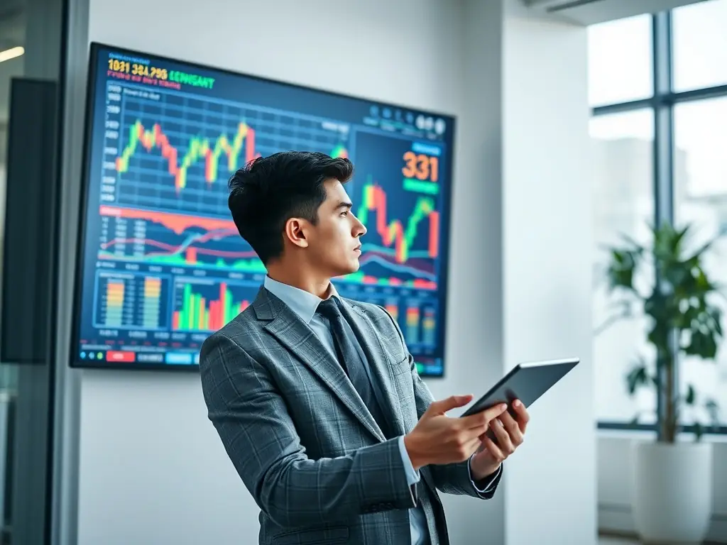 An image of a financial advisor analyzing investment charts on a digital tablet with a South African city skyline in the background.