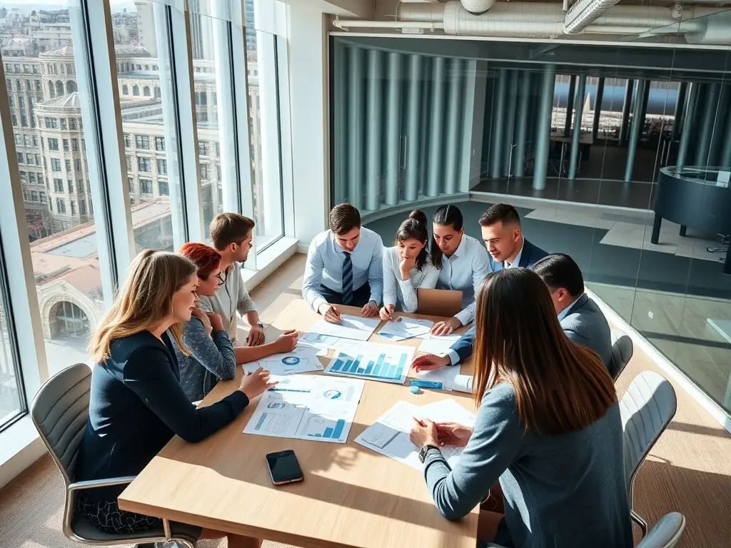 A diverse group of South African professionals collaborating on financial strategies in a modern office environment.