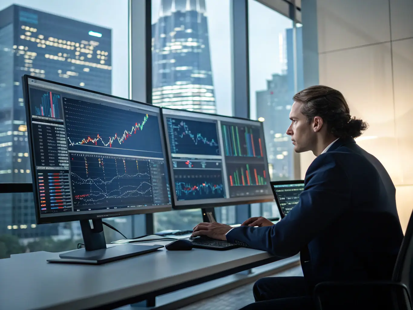 A professional South African financial consultant is analyzing market data and trends on a computer screen in a modern office setting, with Johannesburg skyline visible through the window.