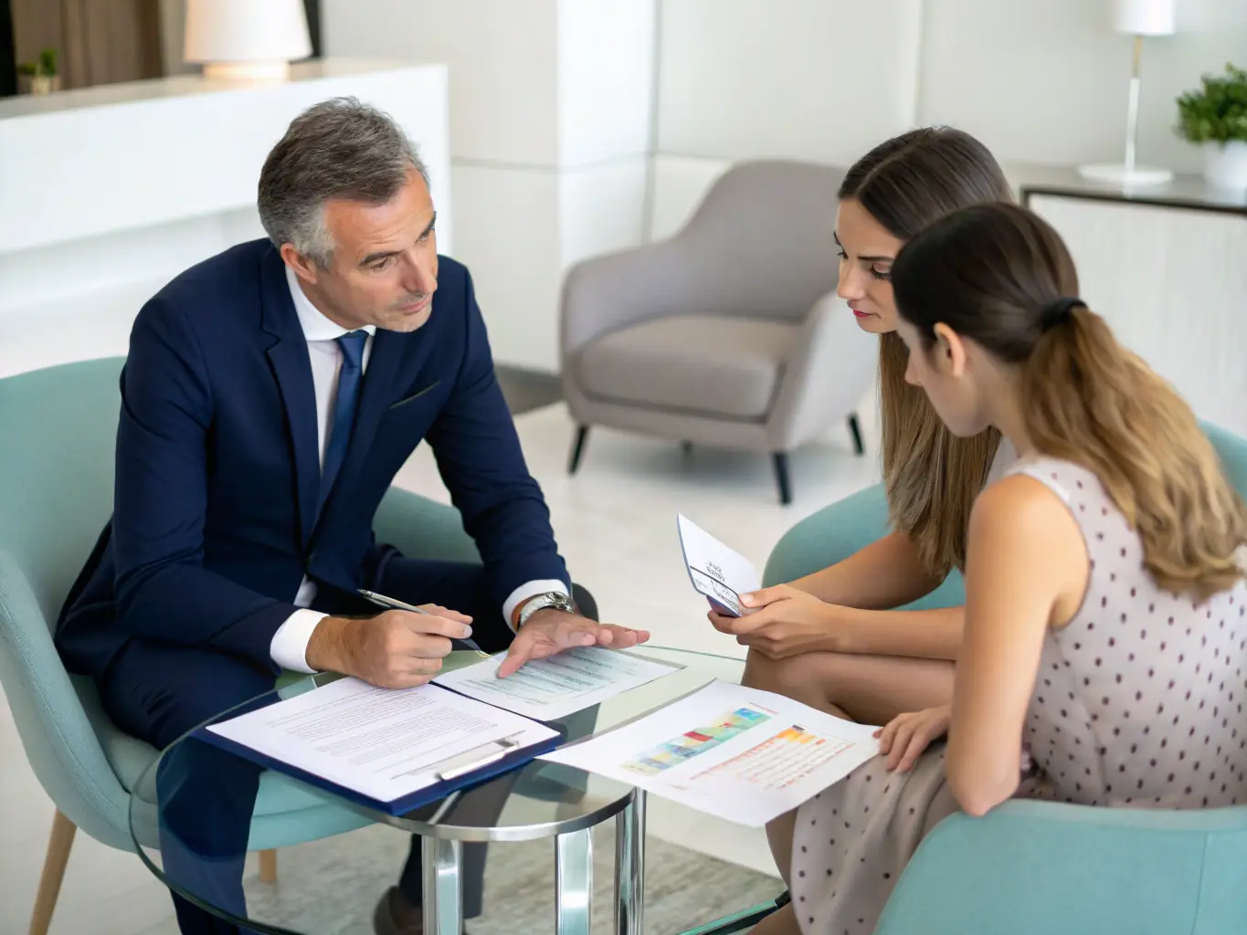 A professional financial advisor discussing wealth plans with a South African client in a modern office setting.